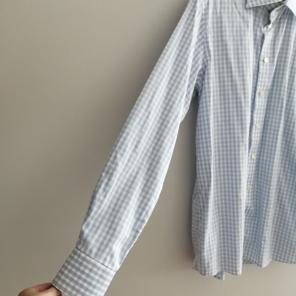 Eton Contemporary Fit Blue White Check Plaid Dress Shirt Floral Trim 16.5 34/35 - Picture 7 of 15